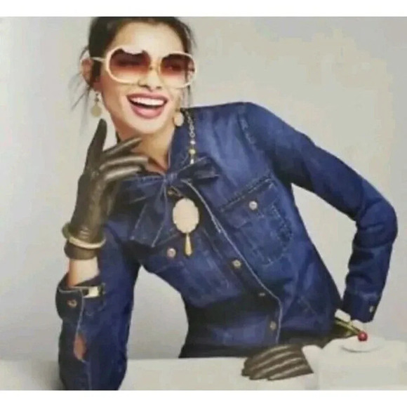 Cabi sz M Blue Waterfront Denim Button Up Shirt Bow Tie Collar Jean Chambray Top - Picture 5 of 16